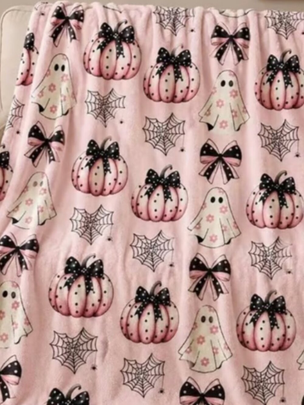 Halloween Pink Pumpkins, Ghosts, & Spider Webs Queen Plush Blanket